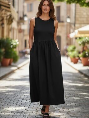 NWT Mango Sleeveless Black Maxi Dress with Gathered Waist